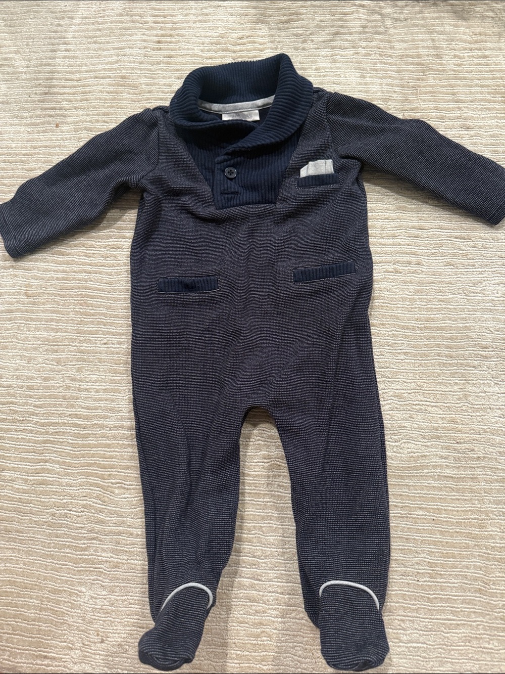 Navy Shawl-Collar Knit Footed One-Piece for Baby
